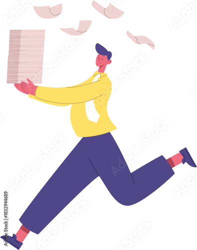 Businessman running carrying stack of papers losing documents