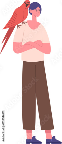 Person standing with a red parrot on shoulder