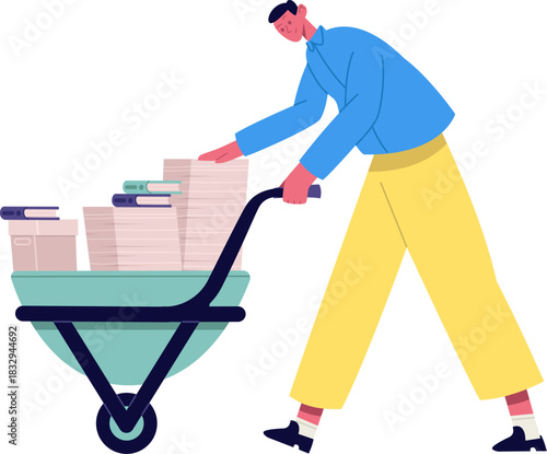 Man pushing wheelbarrow carrying large stacks of documents
