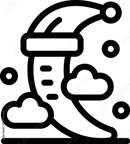 Crescent moon wearing a sleeping cap surrounded by clouds and snowflakes, creating a peaceful and dreamy night time scene