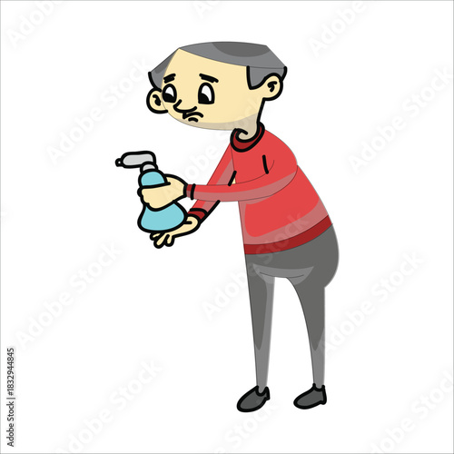 Cleaner looking closely at a spray bottle, checking the label