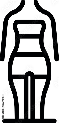 Simple black and white line art icon of a female mannequin, useful for representing fashion design, clothing retail, or body image concepts