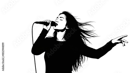 A monochrome illustration of a female singer performing with a microphone on a white background stage