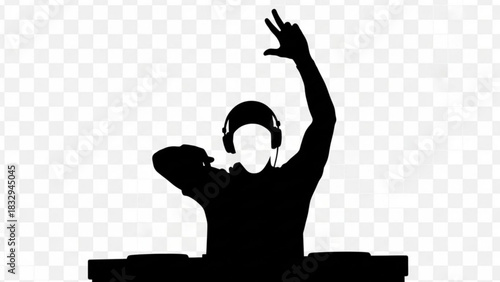 Silhouette of a dj with headphones raising arm and making peace sign on a transparent background