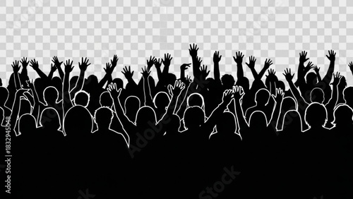 Silhouette crowd of people raising their hands in celebration or excitement at a concert or event