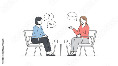 Two women in discussion sitting in chairs with coffee cups on a table in front of them conversing