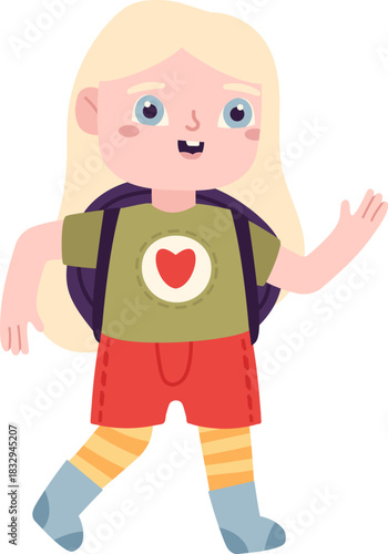 Little blonde child walking with backpack and waving