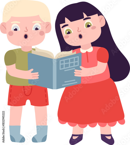 Children singing song while holding educational book