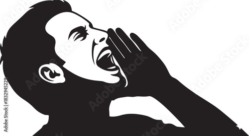 Black silhouette of a man shouting on white background, vector.