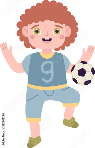 Little boy playing soccer with football