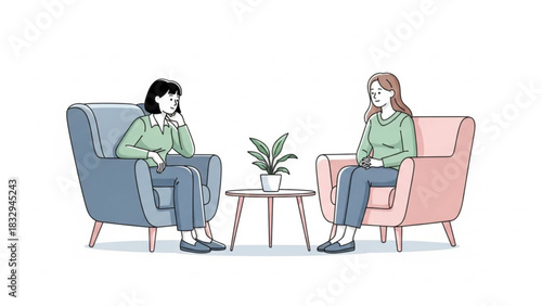 Two women sitting in armchairs facing each other with a table and plant between them in a therapy session