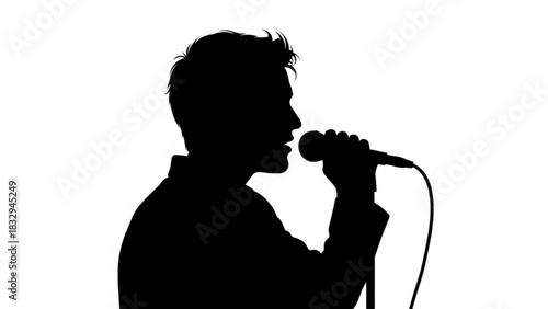 Silhouette of a man singing into a microphone with a cable on a white background illustration