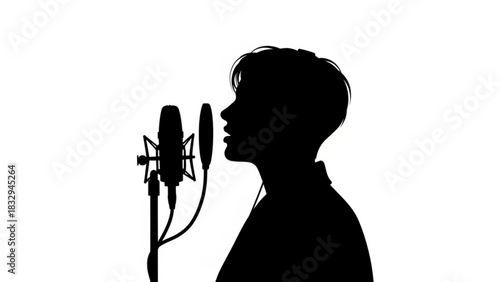 Silhouette of person singing into microphone on a stand in a recording studio environment scene