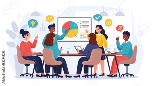 Business team collaborating during a meeting to discuss marketing strategies and data analysis