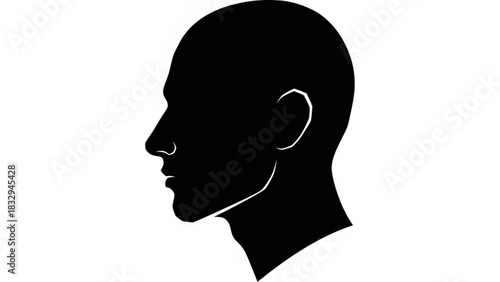 Silhouette of a bald man's head in profile with visible ear nose and mouth in black and white color scheme