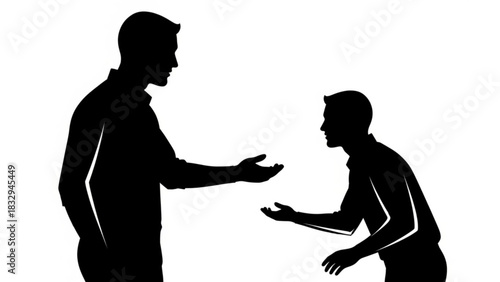 Two silhouetted men facing each other with hands outstretched in a gesture of giving or receiving