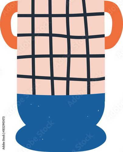 Ceramic vase with orange handles and plaid pattern