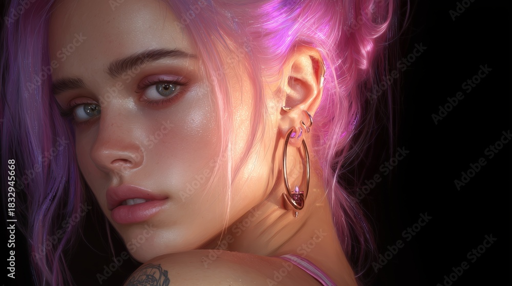 Naklejka premium Young woman with light purple hair and earrings poses with a thoughtful expression in soft lighting