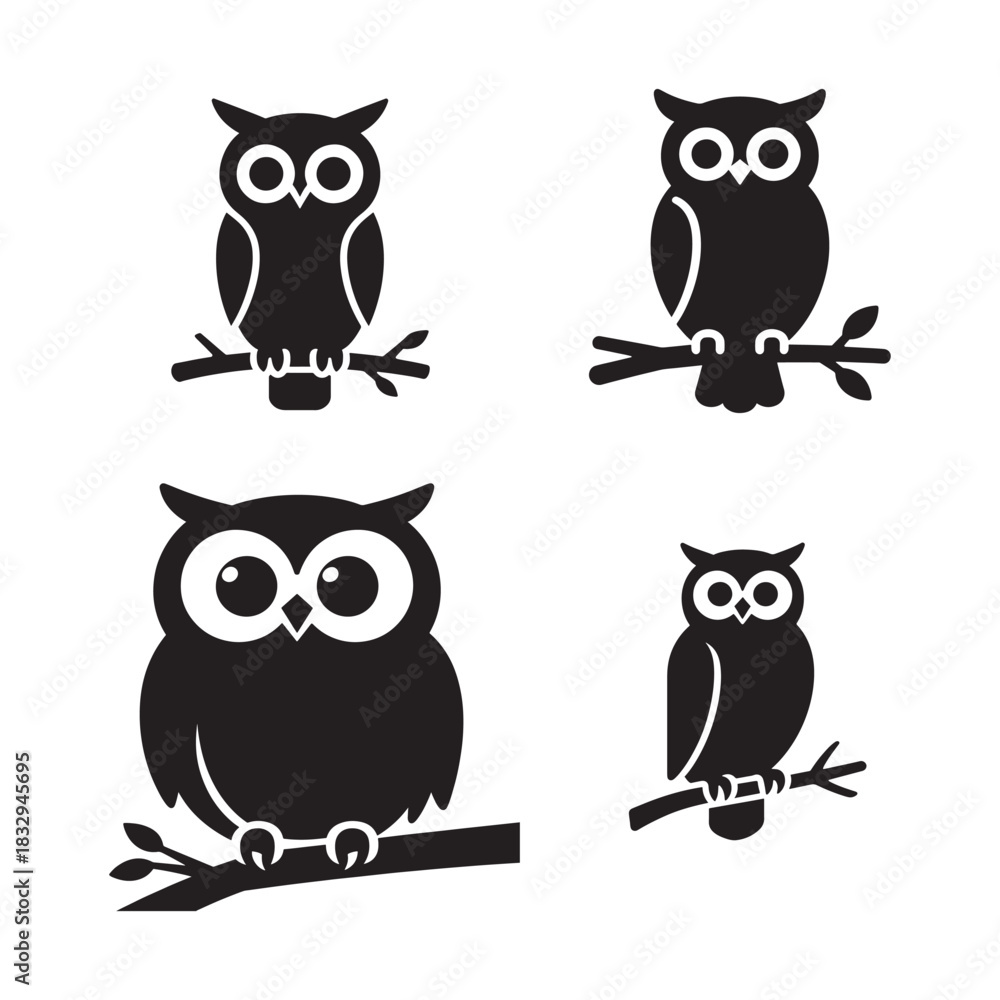 Fototapeta premium Wise Owl Sitting Branch vector silhouette