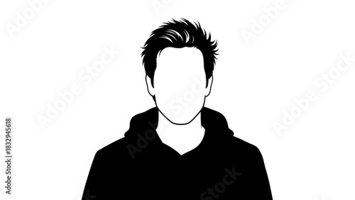 Silhouette of a person with no face wearing a hoodie and spiky hair in black and white style