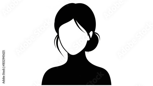 Silhouette of a woman with dark hair styled in a low bun and no facial features in black and white