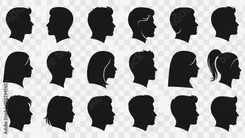 Silhouette profiles of diverse individuals showcasing various hairstyles and facial structures in a single image