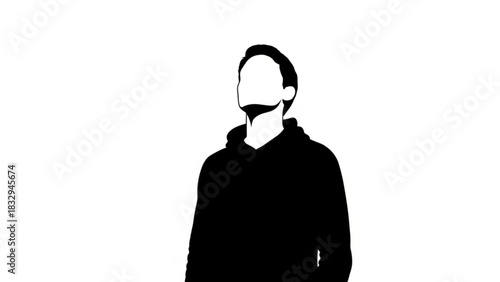 Silhouette of a man in a hoodie looking up with a blank face in black and white design style