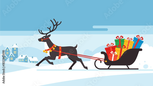 A vibrant flat design illustration of a majestic reindeer pulling a sleigh laden with colorful prize boxes through a serene, snow-covered winter village. 