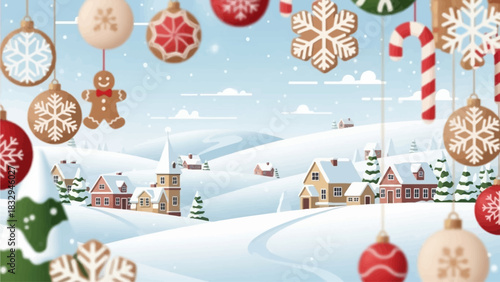 A charming flat design illustration featuring a picturesque winter village scene in the background, artfully framed by hanging Christmas ornaments. 