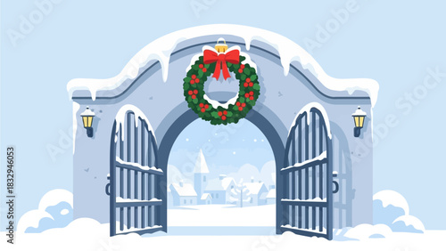 A welcoming flat design illustration of a snow-covered winter village gate, adorned with a large, ornate Christmas wreath ornament. 