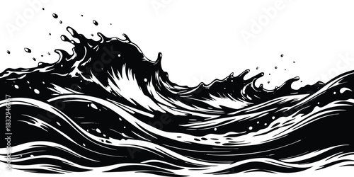 Monochrome artwork showcasing stylized ocean waves with splashes and fluid motion design element

