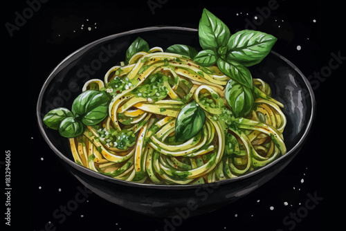 Pasta with Pesto Sauce and basil in Bowl on Black isolated Background Italian Food Illustration