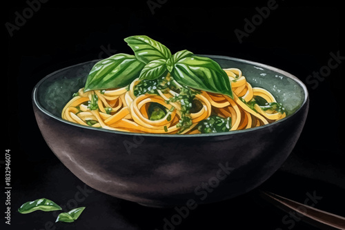 Pasta with Pesto Sauce and basil in Bowl on Black isolated Background Italian Food Illustration