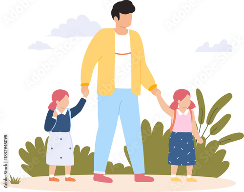 Father holding hands with two daughters walking to school