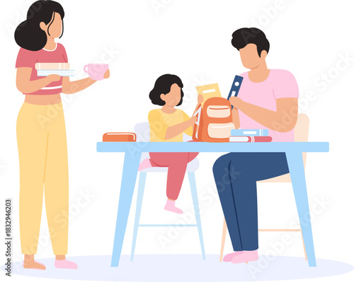 Family preparing for school with father and daughter packing backpack