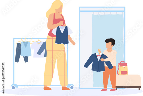 Mother and child choosing clothes for back to school
