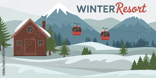Winter resort posters alpine ski destination artwork with snowy mountains, tourism promotion graphics, clean vector banner style and seasonal holiday travel illustration
