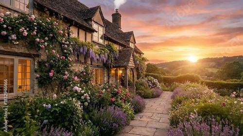 An enchanting, traditional stone cottage nestled in a vibrant garden at sunset. Climbing roses, wisteria, and lavender adorn the charming house, with warm light glowing from its windows and gentle smo