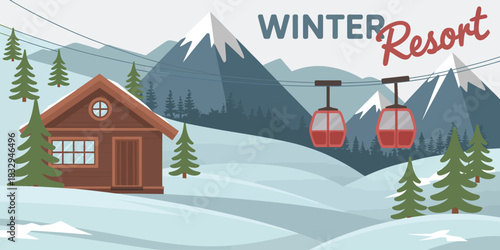Winter resort posters alpine ski destination artwork with snowy mountains, tourism promotion graphics, clean vector banner style and seasonal holiday travel illustration