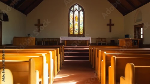 Inside a quiet church, sunlight streams through the stained glass window, illuminating the pews and crosses and enhancing the sense of faith.