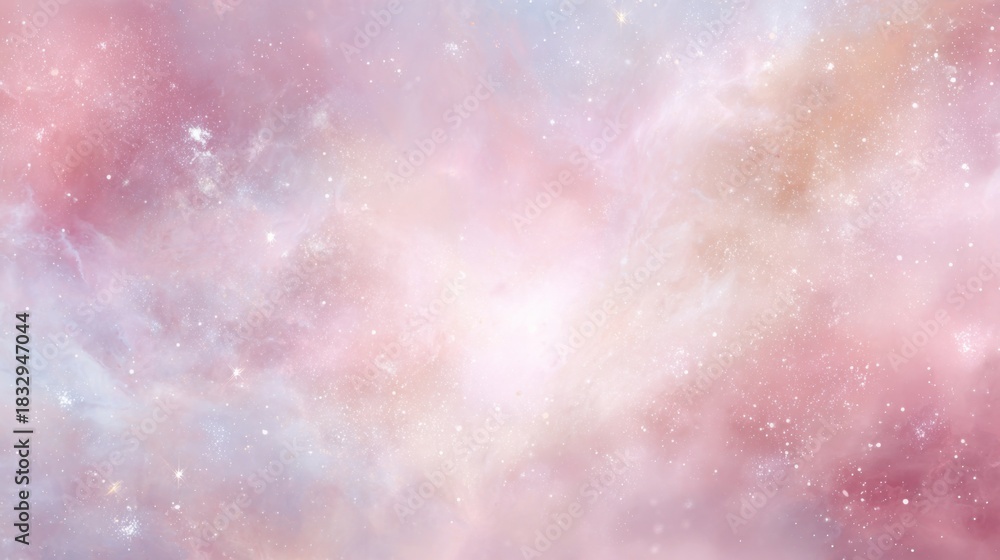 Fototapeta premium Luxury pastel cosmic background with rose quartz and champagne tones, delicate starfield, soft misty nebula, dreamy premium aesthetic with centered