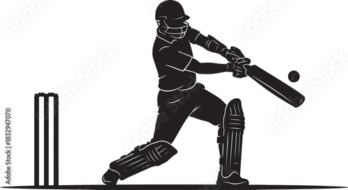 Black silhouette of a cricket batsman hitting ball on white background, vector
