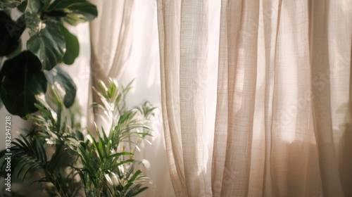 Luxury eco interior background with soft beige linen curtains, lush indoor plants blurred, warm morning sunlight, premium calm atmosphere