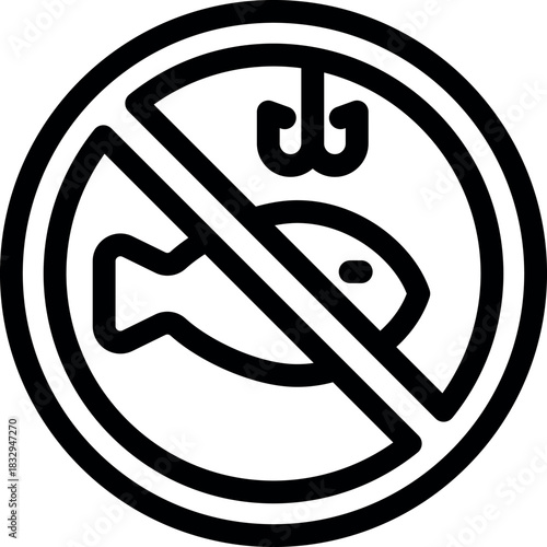 Round no fishing sign prohibiting angling, fishing activities and fish catching, simple black and white icon