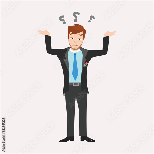 Confused businessman shrugging his shoulders with question marks above his head. Concept of doubt or ignorance
