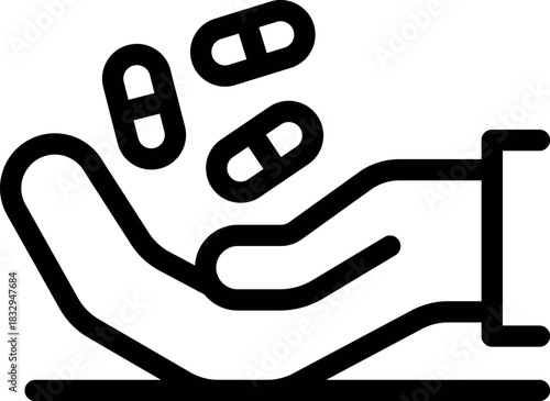 Open hand receiving falling capsules, symbolizing medicine, healthcare, and pharmaceutical industry