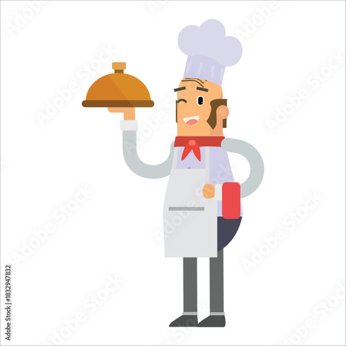 Senior chef holding a silver serving cloche, presenting a surprise dish to a customer