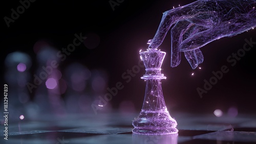 Digital futuristic chess game with glowing neon blue and pink pieces on a chessboard. Chess pieces colorful digital rook game theory. Gameplay hand making a move on a chess board. Hand playing chess. 