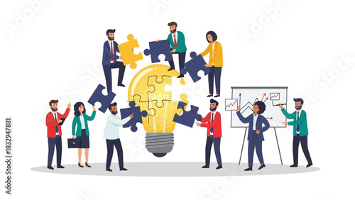 Business Team Collaborating to Build a Bright Idea Lightbulb Puzzle