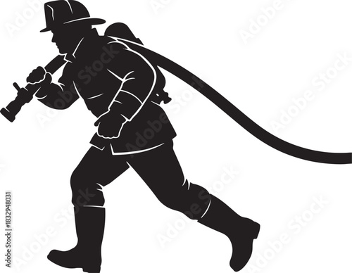 Black silhouette of a firefighter running on white background, vector